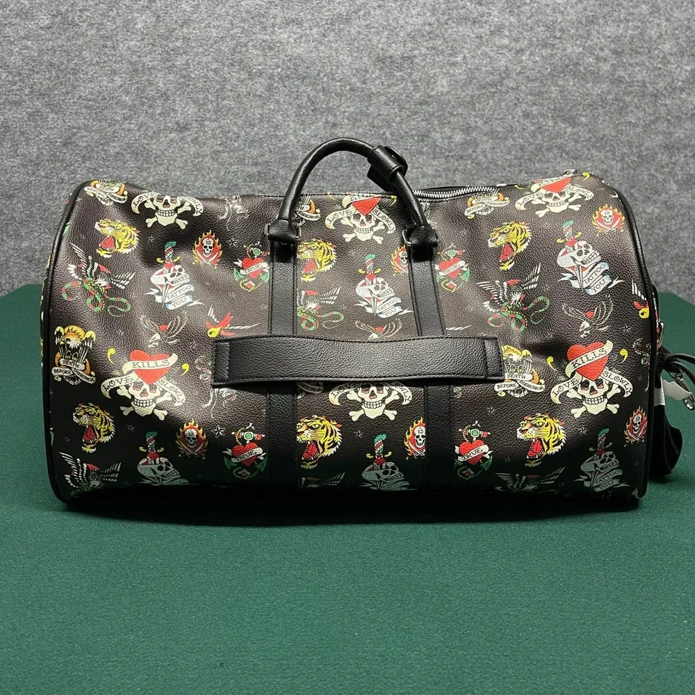 Ed Hardy Duffle Bag Black Tattoo Flash Print Vegan Leather Laptop Sleeve Travel